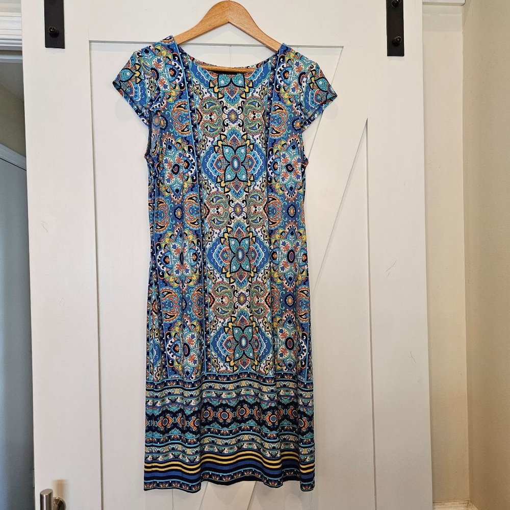 Liz Claiborne Blue, Orange Medallion Print Knit Shift Dress, Size 10